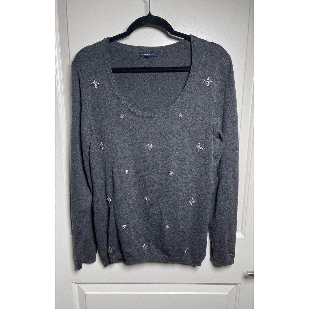 Tommy Hilfiger Women's Large Gray Embellished Cotton Pullover Knit‎ Sweater Soft